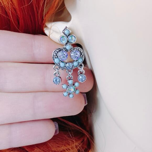 Signed Kirks Folly Blue Rhinestone Floral Chandelier Clip On Earrings Vintage - Picture 3 of 10